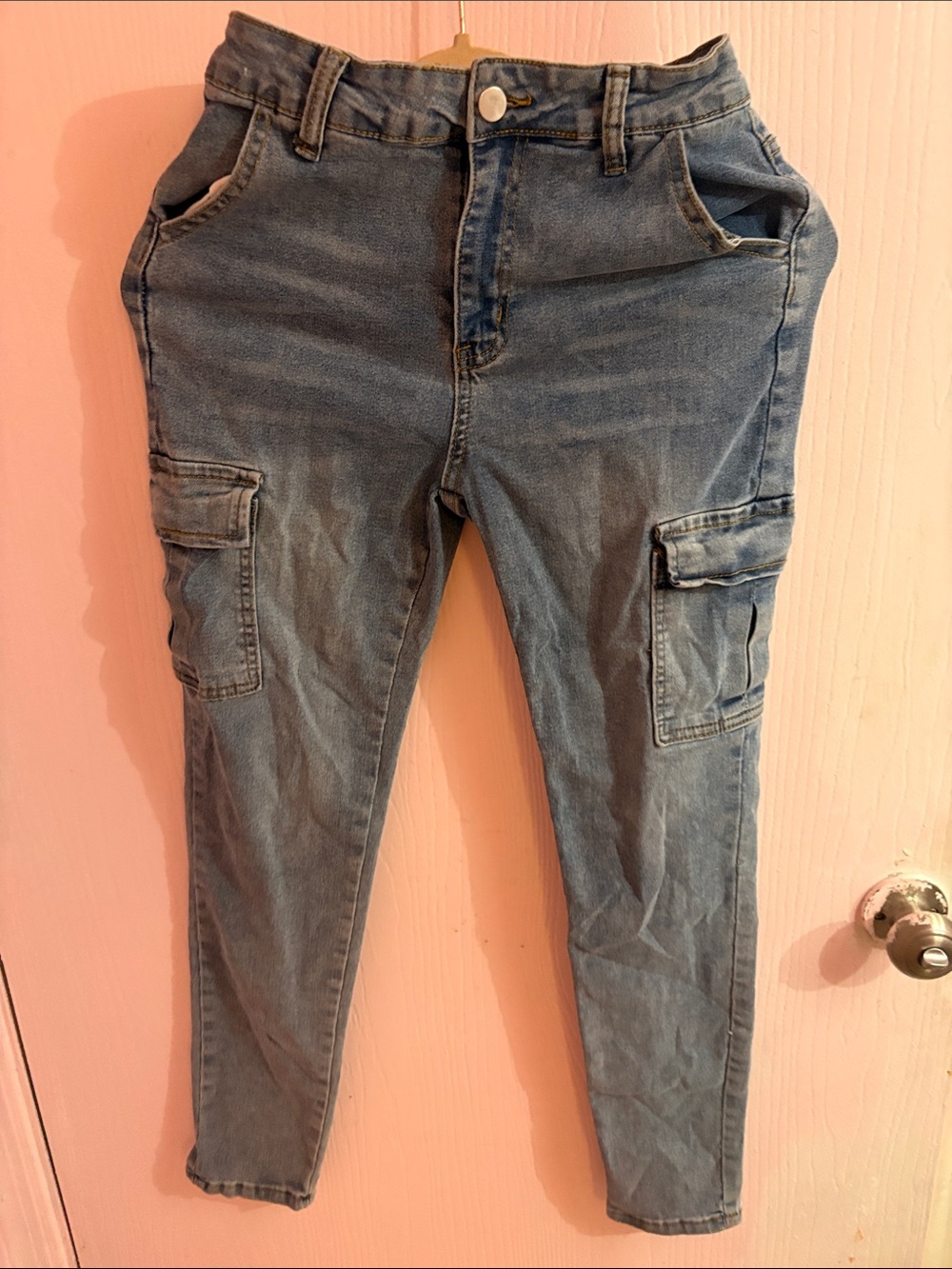 Women's Light Blue Skinny Cargo Jeans - High-Rise Stretch